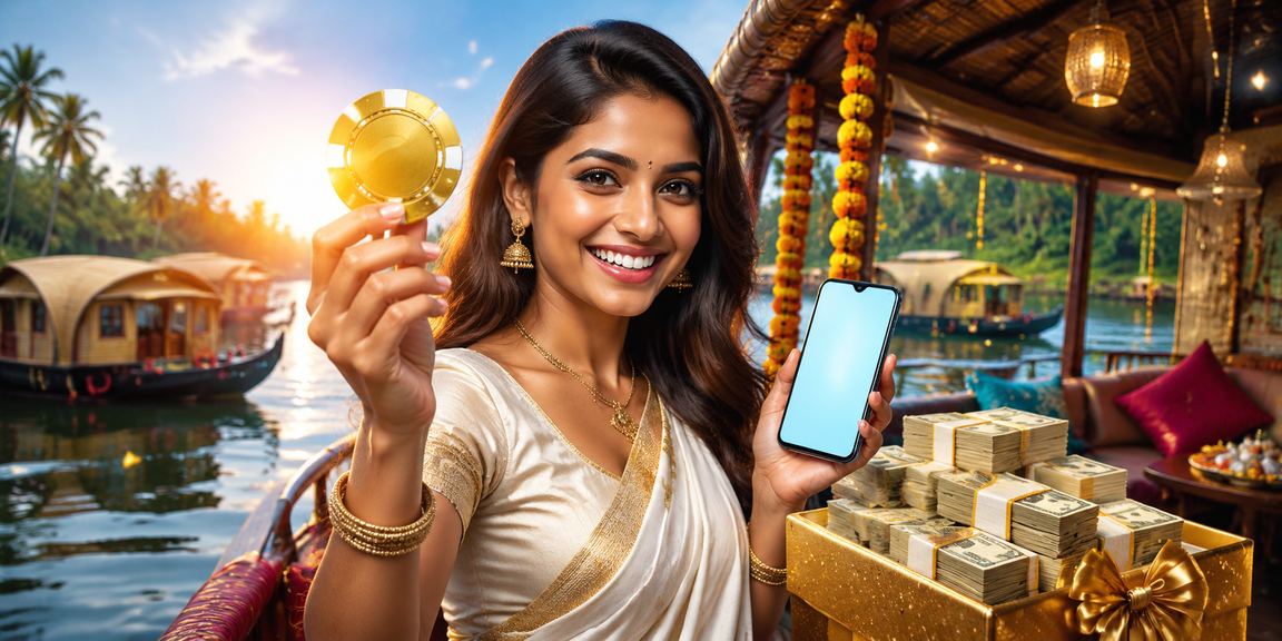 Model using mobile payment near Kerala backwaters, illustrating mobile payment ease